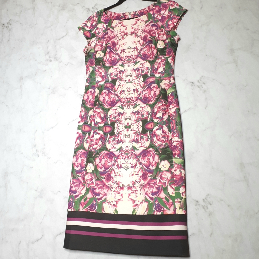 Beige eci Boat Neck Cap Sleeve Floral Dress Pink 8